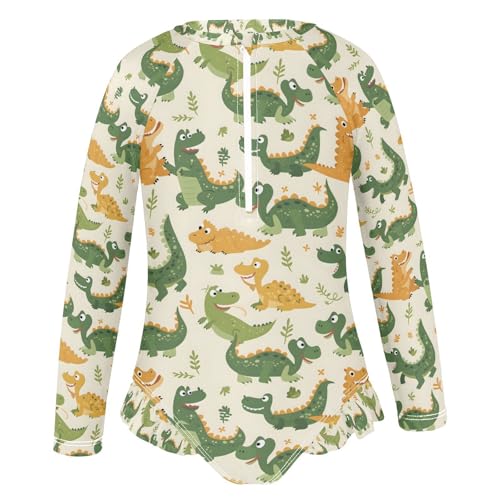 ALAZA Cartoon Green Crocodile Leaf Girls One Piece Swimsuit Long Sleeve Rash Guard Swimsuits UV 50+ Swimwear Zipper2