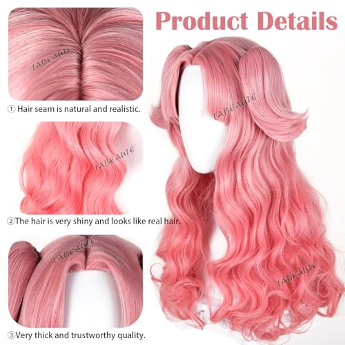 Image of LABEAUTE Tetia Cosplay Wig 23.6 Inch Pink Long Wig for Witch Hat Atelier Costume Heat Resistant Synthetic Hair for Halloween /Party