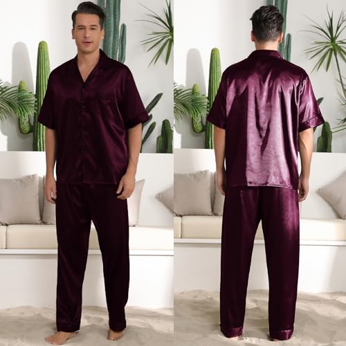 LANMAIGUO Mens Silk Satin Pajamas Sets,Short Sleeves and Pants Button Down Satin Pajama,Silk Satin Pocket Pajama Sets for Men2