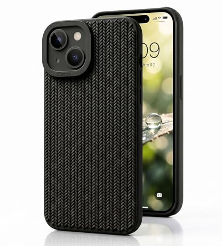 Image of amazon basics Luxury 3D Knitted Texture Soft Silicone Back Cover for iPhone 14 | Slim Fit Shockproof Case with Camera Protection & Non-Slip Grip - Black