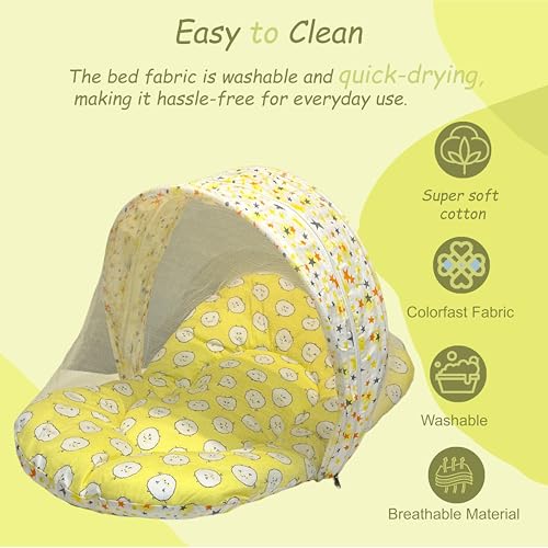 Image of Fareto Combo of Baby Bed with Net | Carry Bag | 4 Pcs Bedding Set (0-6 Months, Baby Size, Cotton) (Yellow Sheep)
