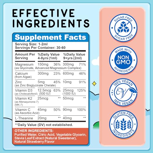 Image of Magnesium Glycinate Liquid for Kids, Kids Magnesium Drops with L-Theanine, Calcium, Zinc, Vitamin D3 K2 for Sleep, Calm, Mood, Relaxation, Focus, Brain, Bones, Strawberry Flavor 2 Fl Oz