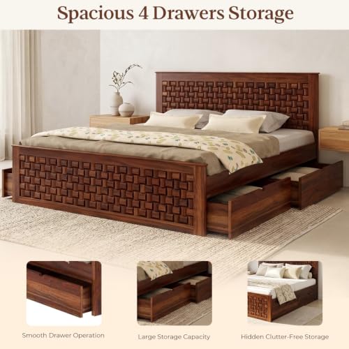 Image of WOODLAB Furniture Sheesham Wood King Size Bed with 4 Drawers Storage for Bedroom Home Wooden Double Beds Furniture for Living Room Hotels - Honey Finish