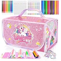 JYPS Unicorn Colouring Pen Set with Pencil Case, 70PCS Washable Kids Art Set with Glitter Pens, Scented Markers, Crayon, Art and Crafts Drawing Set for Children 4-7 Ages, Girls Birthday Toys Gifts