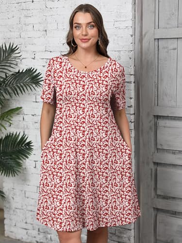 Image of AusLook Plus Size Midi Dress for Women Casual Summer Short Sleeve A Line Swing Dress with Pocket Round Neck Flowy Dress 1X-5X