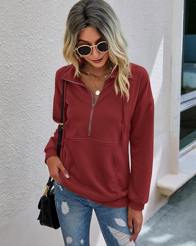 Image of PRETTYGARDEN Women's Casual Long Sleeve Zipper Sweatshirt Drawstring Loose Quarter Zip Pullover Tops with Pockets