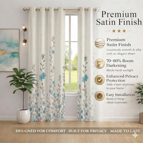 Image of STITCHNEST 'Florea Series' Premium Satin Room Darkening Curtains 7 Feet Long Set of 1 | Door Curtain 7 x 4 Feet | Blocks 70-80% Light | Ideal for Bedroom, Living Room & Home Decor