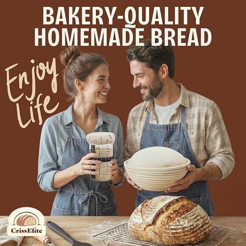 Sourdough Starter Kit for Beginners – Easy All-in-One Bread Baking Set with 9” Round Banneton Bread Proofing Basket, 24oz Glass Starter Jar & Essential Sourdough Tools – Start Baking Right Away