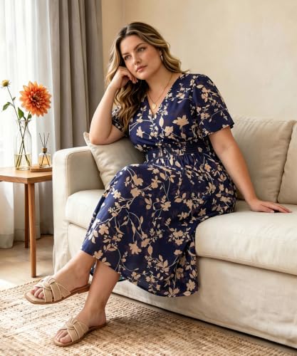 Image of CARCOS Plus Size Dresses for Curvy Women V Neck Summer Maxi Dress Short Sleeve Floral Boho Dress Smocked Waist Beach Dress