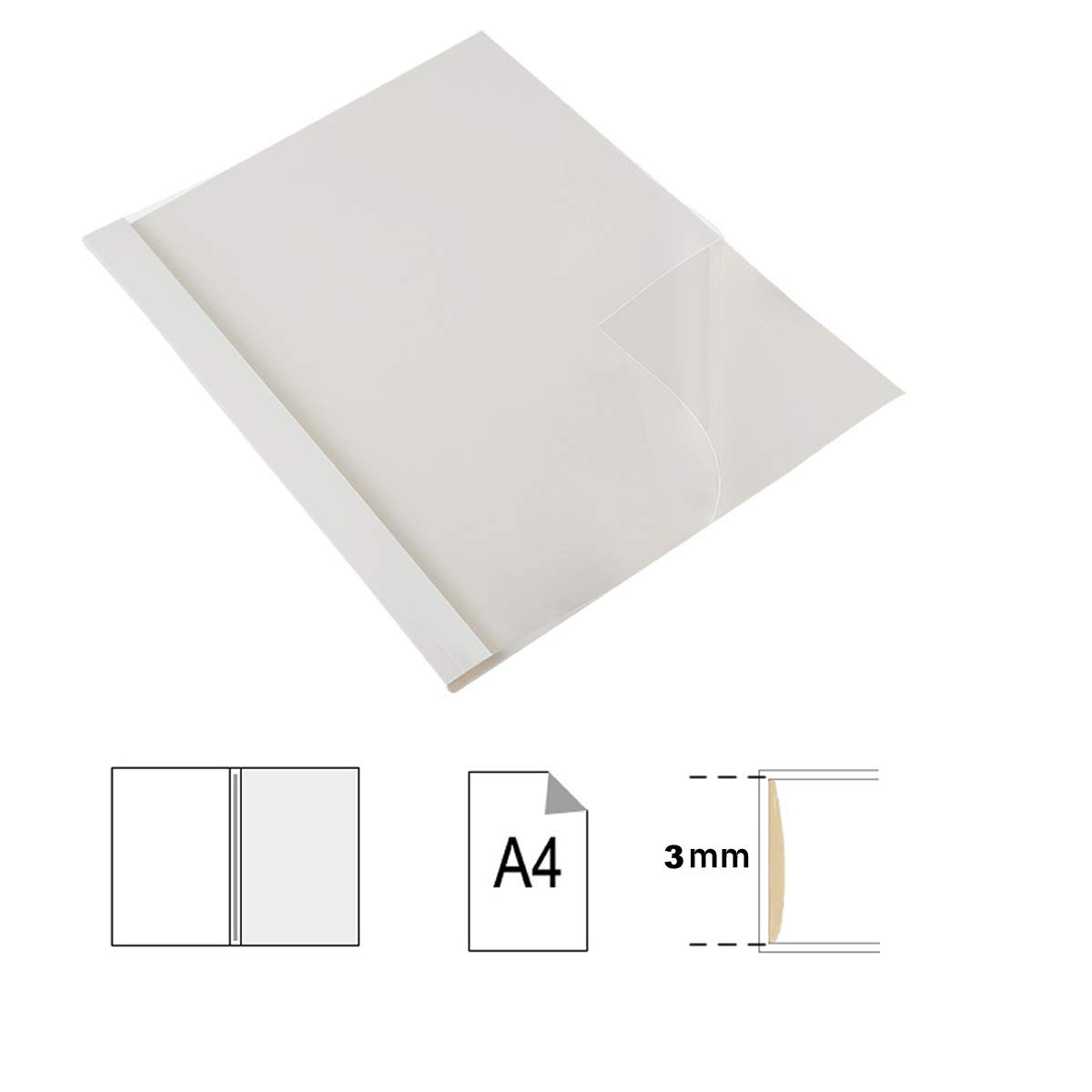 TUKA-i-AKUT 100x A4 Pokrywa do termicznej oprawy 3 mm, szerokość grzbietu 3 mm - pojemność 30 arkuszy, przezroczysta przód, biały kartonowy grzbiet, dodatkowo gruby i wytrzymały, opakowanie 100 sztuk