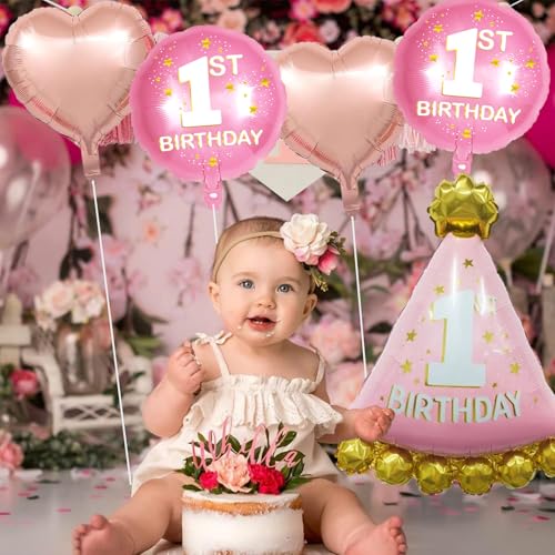 Image of Rozi Decoration First Birthday Decoration for Baby Girl Set of 5 Pcs | Happy Birthday Decoration Kit for 1 Year Girl | 1st Birthday Foil Balloon for Baby Girl | Princess Theme Birthday Decor