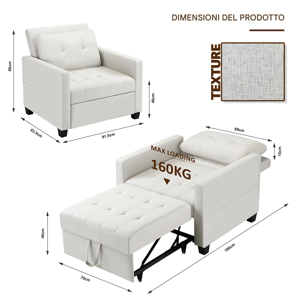BAKAJI Divano Letto 2 Posti con Rivestimento in Velluto Premium Reclinabile, Imbottitura ad Altissima Densità, Seduta Ergonomica, Apertura Facile, Cuscini per Sollievo Lombare (Beige 1 Posto)