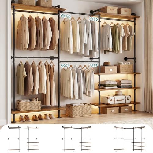 iSunirm Kleiderschrank System Offen Teleskop Kleiderstange Schwerlast Begehbarer Kleiderschrank Flexibel als L-Form oder Gerade Industrial Pipe Design für Schlafzimmer & Ankleidezimmer