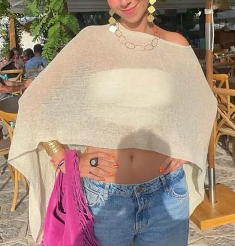 Women Sheer Poncho Top Lightweight Summer Cover Up Mesh Knit Crochet Shawl Trendy Pullover2