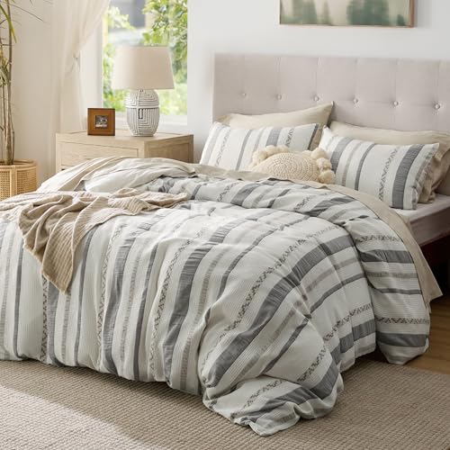 Image of Bedsure Waffle Weave Duvet Cover Queen - 100% Cotton Boho Duvet Cover Set with 2 Pillowcases - Extra Soft Cream White PureWoven Textured Comforter Cover with Zipper Closure (Queen, 90 inchx90 inch)