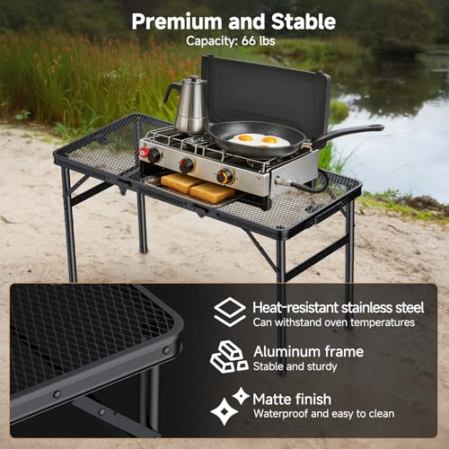 Image of Folding Camping Table, 34.2 inchx15.7 inch Picnic Table, 3 Adjust Height | 3-Fold Mesh Black Aluminum, Handle for Party Dining Garden Patio, Max 27.5 inch Folding Table