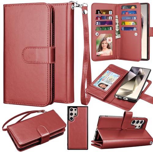 Takfox Wallet Case for Samsung Galaxy S24 Ultra, Galaxy S24 Ultra 5G Case, PU Leather Credit Card Holder Case [9 Card Slots] Folio Flip Detachable Magnetic Cover Kickstand & Carrying Strap, Wine Red