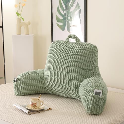 PAJEO Reading Pillow for Bed,Large Backrest Reading Pillow with Arm Rest,Back Rest Support Cushion for Sit Up on Couch,Sofa,and Floor(Green Corduroy,Standard(17