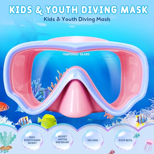 Set de Snorkel para Niños de 6 a 14 Años, Máscara Anti-Vaho con Tubo Seco, Lente Panorámico de Vidrio Templado, Falda de Silicona, Bolsa de Malla – Equipo de Snorkeling para Niños y Niñas miniatura 2