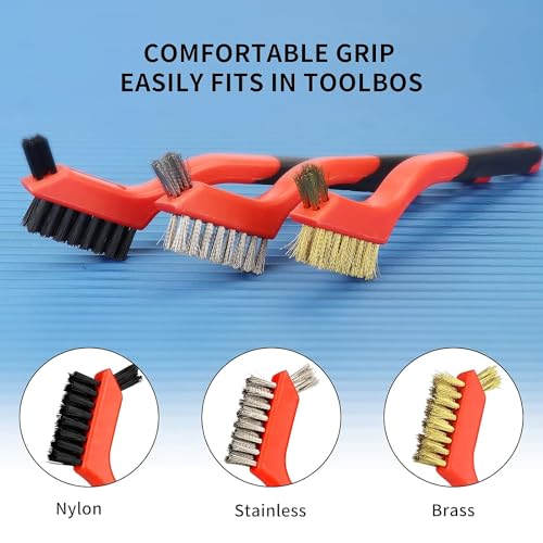 Image of Wire Brush Set - 3PCS Brass /Stainless Steel /Nylon Bristles,Rust Remover Brass Brush, Wire Brushes for Paint and Stain, 7 Inches,Wire Brush Tool Rust Remover for Metal