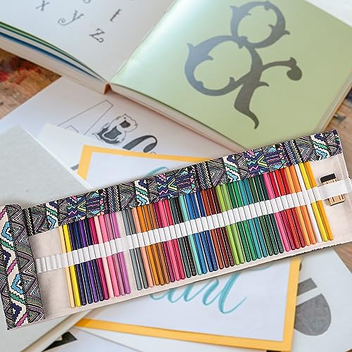 Image of Surblue Canvas Pencil Case Pencil Roll Wrap with 72 Slots Coloring Pencil Holder Organizer Paint Brush Storage Pouch Portable for Artist,Writer (Multicolour