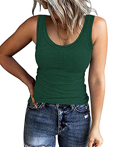 Roselux Womens Sleeveless Scoop Neck Ribbed Knit Fitted Tank Tops Basic Camis Tight Shirts(3248,Dark Green-L) #TOP23