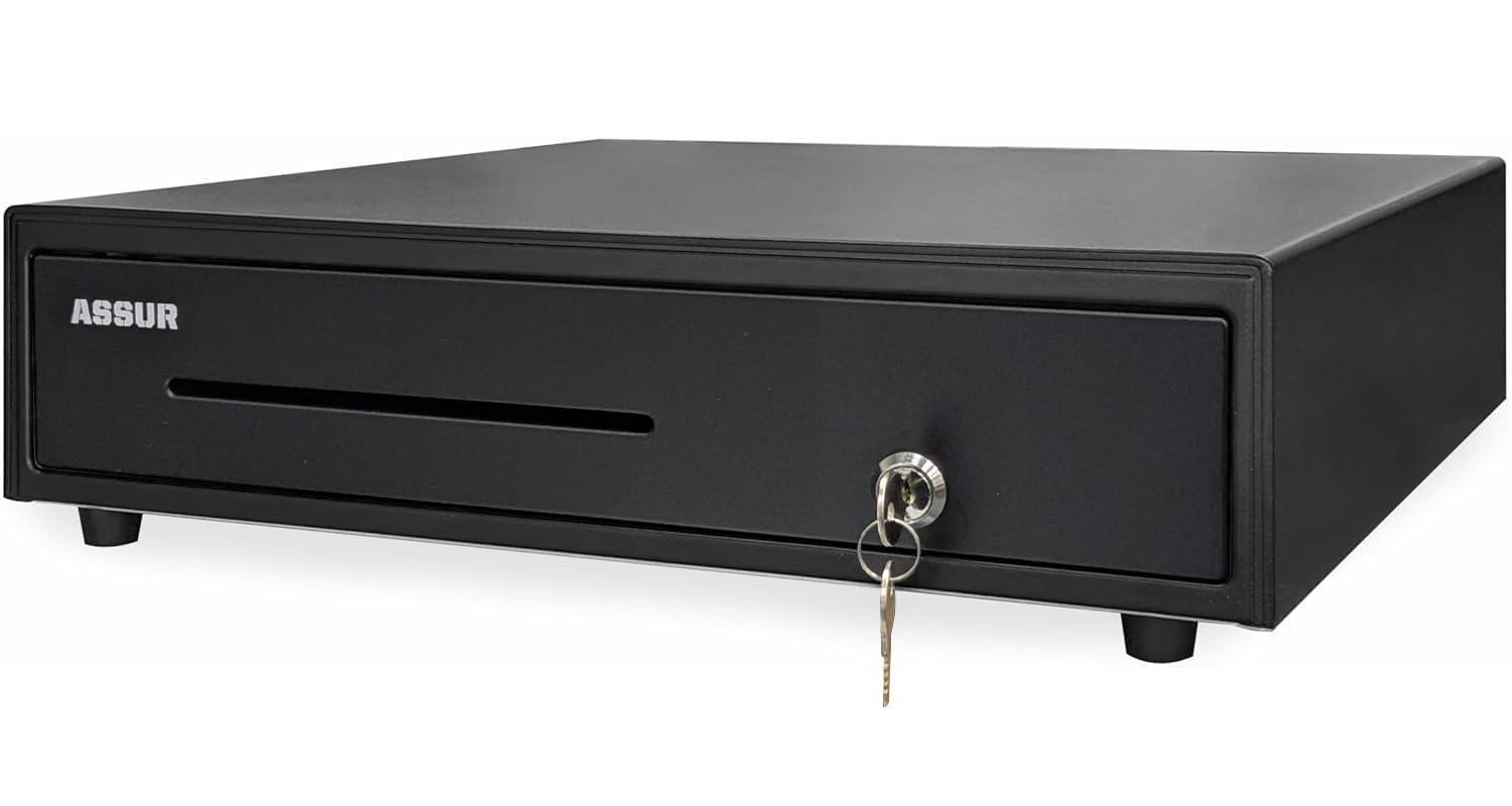 ASSUR Cash Drawer 16” Black Cash Register POS Cash Drawer Box, Stainless Steel with adjustable 5 Bill/8 Coin Tray 4 keys Extra Long Cable for Canadian Money Compatible for All POS System Printers