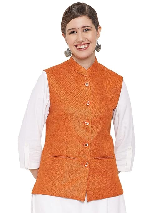 Image of Vastraa Fusion Solid Indian Traditional Ethnic Waistcoat Festive Woolen Nehru Jacket for Women