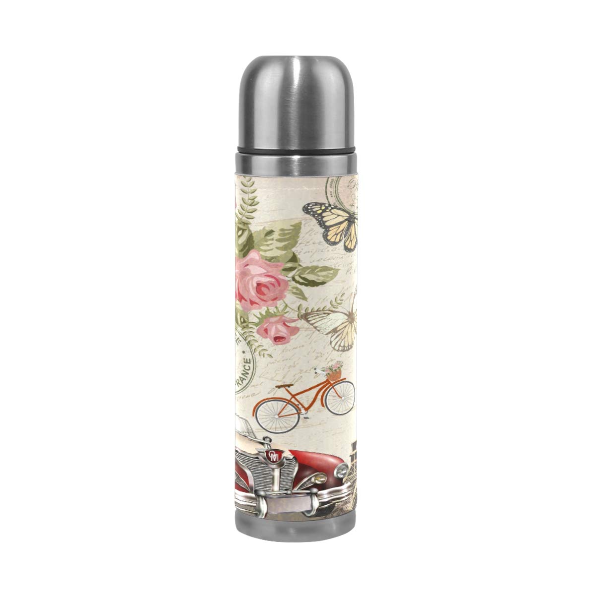 Taza de viaje de acero inoxidable con aislamiento al vacío, doble pared, a prueba de fugas, diseño vintage de París postal, estampado personalizado impreso en piel auténtica, termo de 500 ml