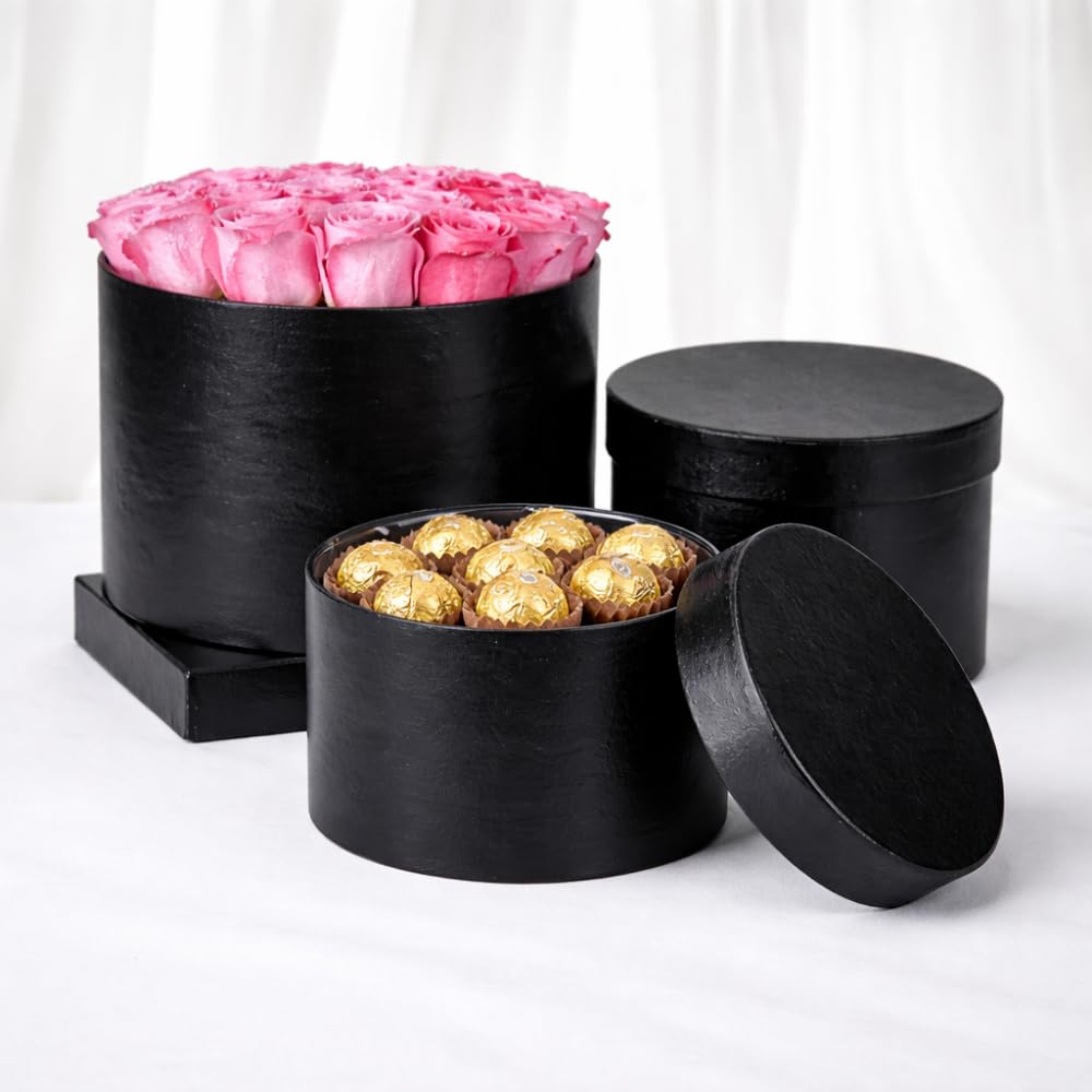 oasis paper gift box empty, decorative, reusable, multipurpose birthday, anniversary, wedding, return gifts hamper packaging (set of 3) round macaroon black