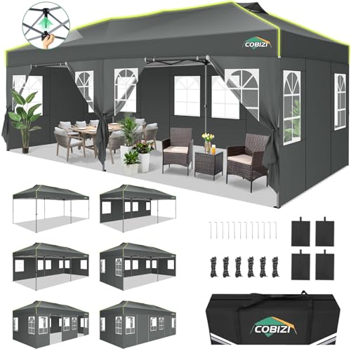 COBIZI 10x20 Pop Up Canopy Tent with 6 Removable Sidewalls, One Push Party Tent Outdoor Waterproof Event Canopy with Air Vent for Parties Commercial Wedding, 3 Height, Carry Bag, Sandbag, Gray
