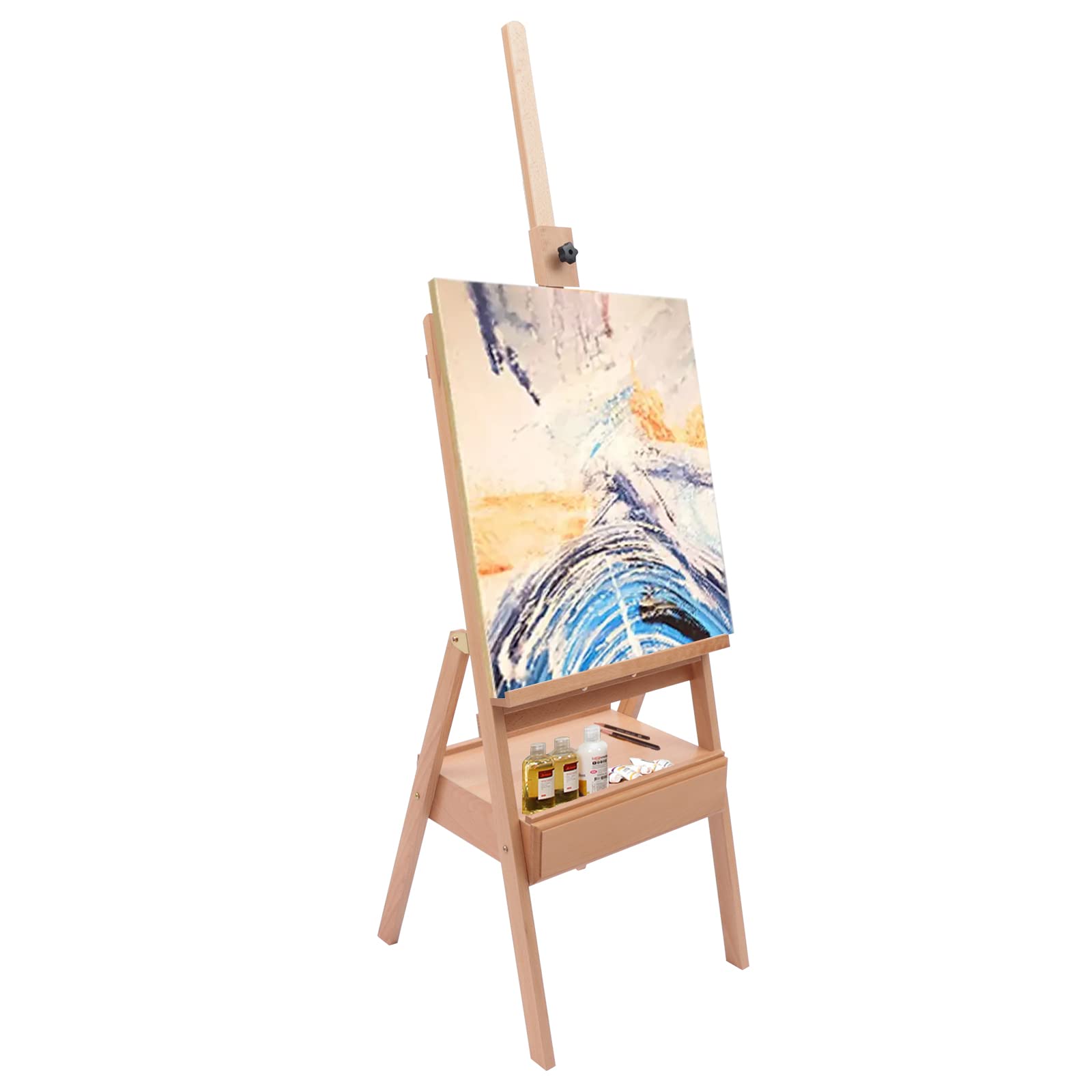 Cavalletto da atelier pieghevole in legno di faggio con cassetto, altezza regolabile 154-198 cm, adatto per pittura artistica e pubblicità all'aperto, bambini e adulti
