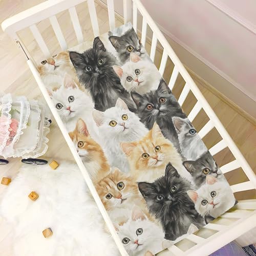 Image of Vintage Cats Cute Crib Sheets Soft Breathable Fitted Baby Crib Sheets Mattress Cover for Girls Boys, 52 inch x 28 inch x 9 inch