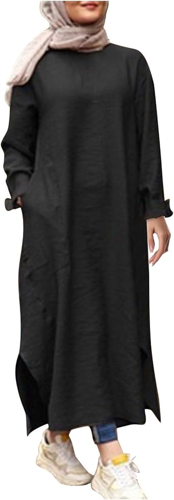 SGASY Womens Muslim Dress 2025 Long Sleeve Crew Neck Spring Summer Dresses Casual Slim Eid Party Dress with Pockets