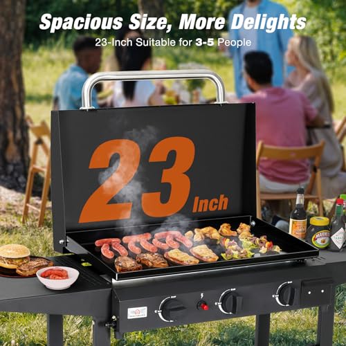 WARMOUNTS 3 Burner Propane Gas Grill, Portable Flat Top Grill with Lid, Wheels and Side Shelves, 24,600 BTU Output, Stainless Steel BBQ Grill Griddle Combo for Outdoor Cooking, Patio and Camping