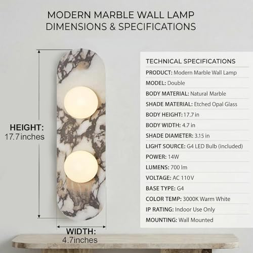 Image of Natural Marble Wall Sconces, 2-Light Alabaster Wall Light in one sconce, Hardwired Wall Light Fixtures, Modern Wall Mount Wall Lights for Dining Room Stairs Bedroom