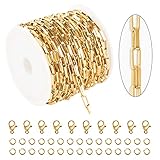 KYUNHOO Cadena de acero inoxidable chapada en oro de 16.4 pies, cadena cuadrada delgada de 3 mm para collar, pulsera, bricolaje con anillos de salto y aplausos de langosta (KY-J013-oro largo)