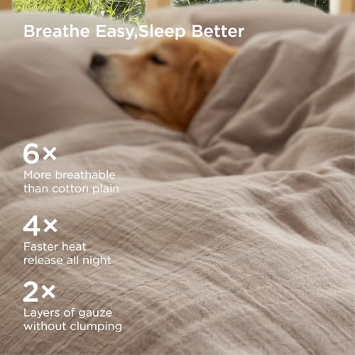 Image of Bedsure Cooling Muslin Cotton Duvet Cover King Size - Cotton Blend Rayon Derived from Bamboo Duvet Covet Set for Hot Sleepers - Ultra-Soft & Breathable & Lightweight Bedding Set (Khaki, 104 inchx90 inch)