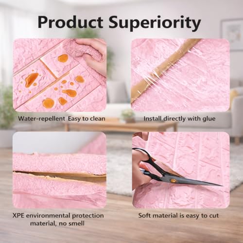 Image of 3D Self Adhesive Foam Brick Wallpaper Peel and Stick Waterproof Wall Panels Soundproof Wall Sticker for Living Room Bedroom Kitchen Home Office Interior Decoration (Pack of 10, Pink)