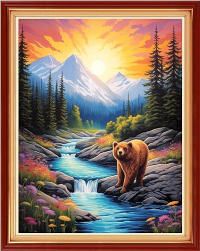 Image of Redxing Stamped Cross Stitch Kits Embroidery kit for Beginners Adults Full Range of Embroidery Patterns Starter Kits DIY Printed Cross Stitch Kits Needlepoint Kits 11CT-Brown Bear Aurora 16x20 inch