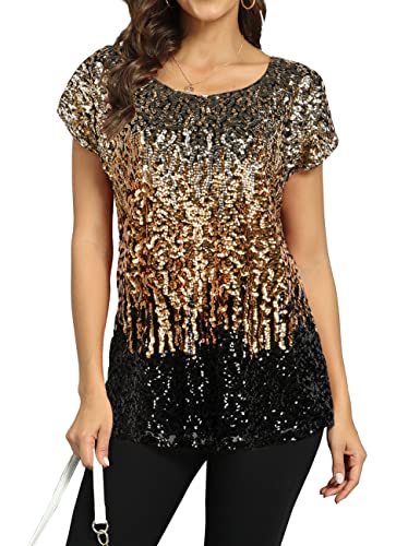 PrettyGuide Women's Evening Tops Sparkle Shimmer Glam Sequin Blouse Light Gold/Gold/Black XL/US18-20
