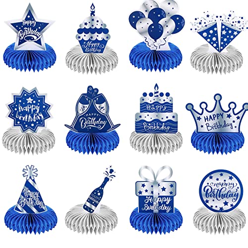 12 Pcs Happy Birthday Decorations for Men Blue Silver Honeycomb Centerpieces Party Supplies Paper...