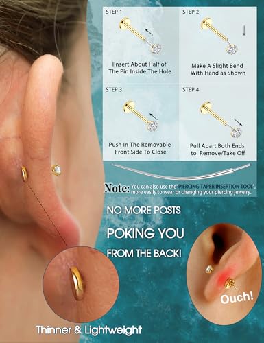 image for LOLIAS 14K Gold Filled Threadless Nose Studs CZ Nose Rings for Women M