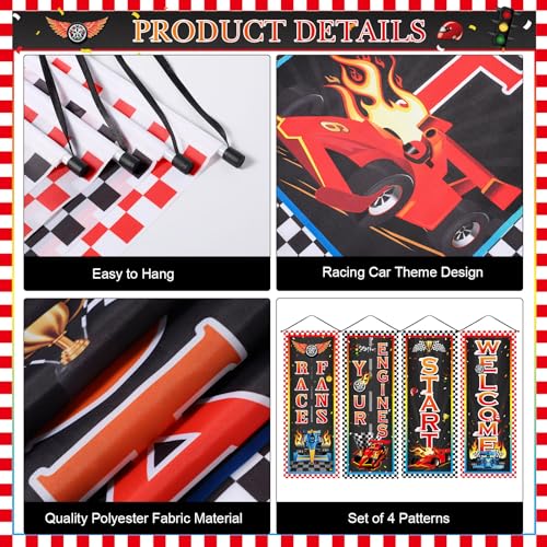 Image of Panelee 4 Pcs Race Car Party Banners Racing Car Birthday Decorations Checkered Racing Flag Porch Sign Hanging Door Banner for Indoor Outdoor Race Party Decoration Backdrop Supplies (Race)