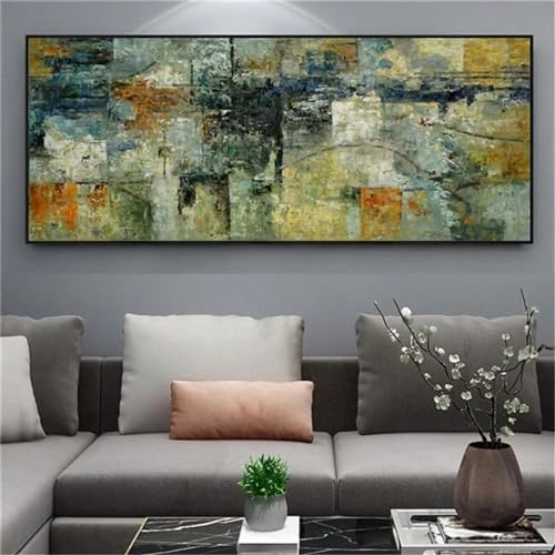 Peinture abstraite jaune et gris pour habiller un grand mur vide de salon moderne