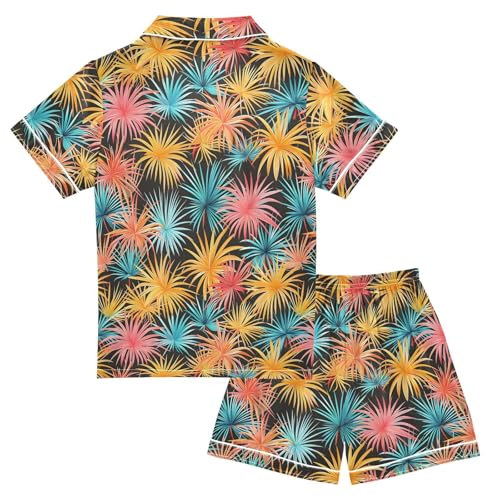 ALAZA Colored Palm Tree Black Satin Pajamas Set Short Sleeve Button Down Sleepwear Summer Pjs 2 Piece2