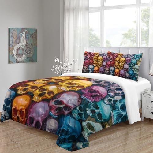 Housse de couette 3D colored skull avec taies d'oreiller lit double microfibre - 5