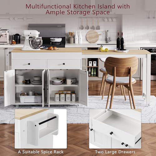 Image of 74.5 inch Kitchen Island with Extendable Table, Rolling Kitchen Island