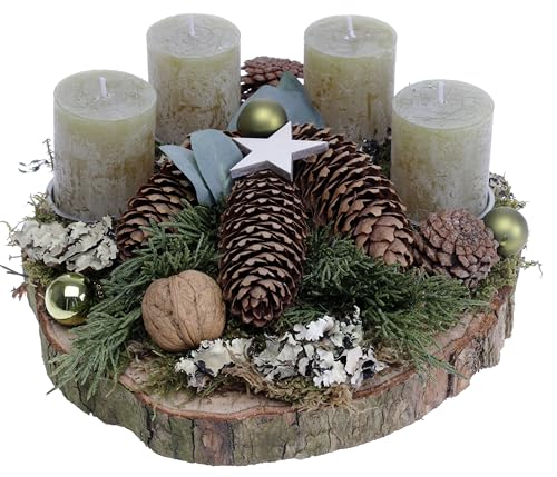 Adventsgesteck Birkenscheibe mit 4 Rustik-Kerzen Olive CreaFlor Home