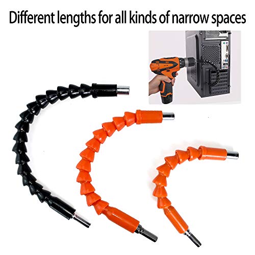 Veinardyl 5 Pcs Flexible Drill Bit Extensions, 11.8 9.8 7.9 Inch 1/4'' Hex Shank Screwdriver Connection Shaft Tip Flex Drive Quick Connect Adapter Power Tool Kit - Black, Red, Orange #TOP4